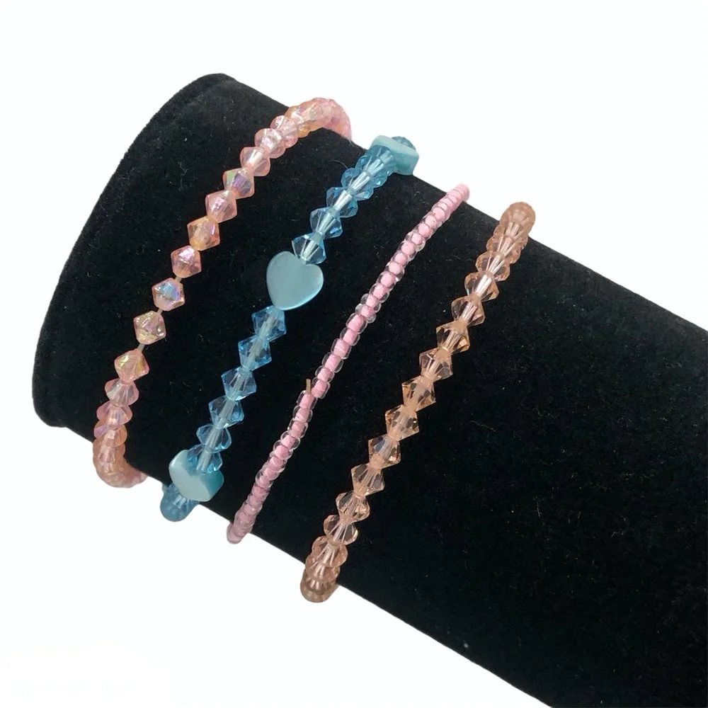 CRYSTAL STRETCH BRACELETS - PINK, PEACH, & BLUE - SET OF 4